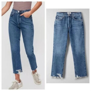 NEW AGOLDE Riley Veto Jeans Straight Leg Crop Raw Hem Distressed Dark Blu. 24